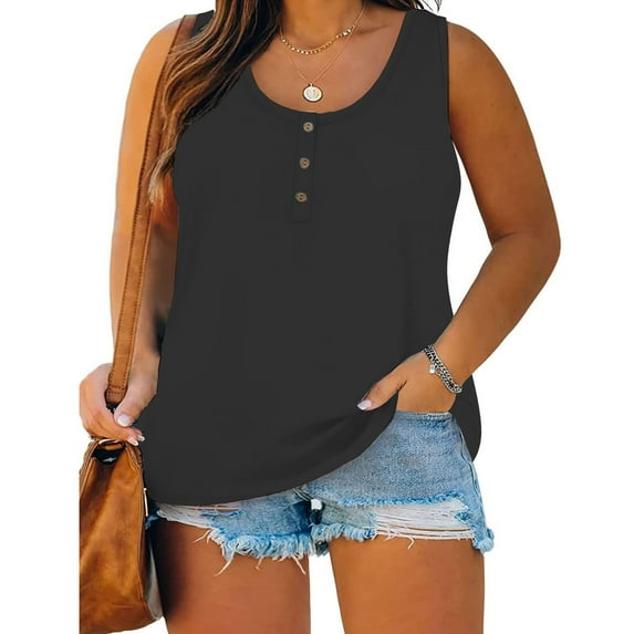 Womens Tops, Summer Women Sleeveless Floral Printed Button Plus Size Tank Tops Loose Crew Neck Vest T Shirts Tunics Tee