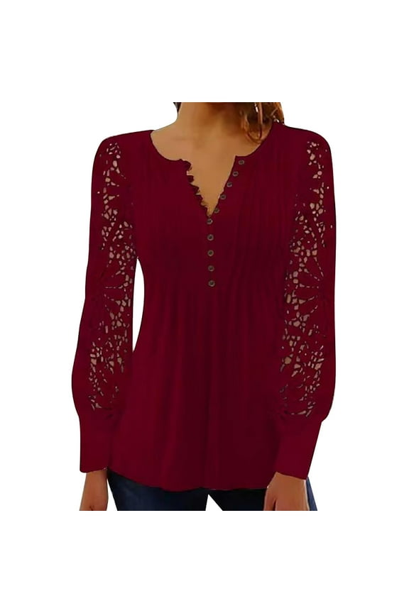 Womens Tops Summer,Women Summer Trendy See Through Lace Long Long Sleeve Shirt V Neck Casual Fitted Tunic Clothes Tops,Tops For Women 2024(Color:Red,Size:S)