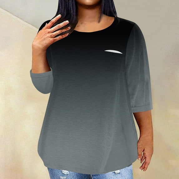 Womens Tops Summer Womens Fashion Elbow-Length Crew Neck Gradient Casual Loose Pocket Plus Size T-Shirts Blouses & Tops Women's Plus Plus Size Tops for Women Dark Gray Polyester 3X