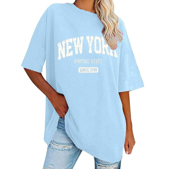 Womens Tops Sweatshirt Half Sleeved Long Shirt Vintage New York Letter Print Casual Shirts for Women Blue L