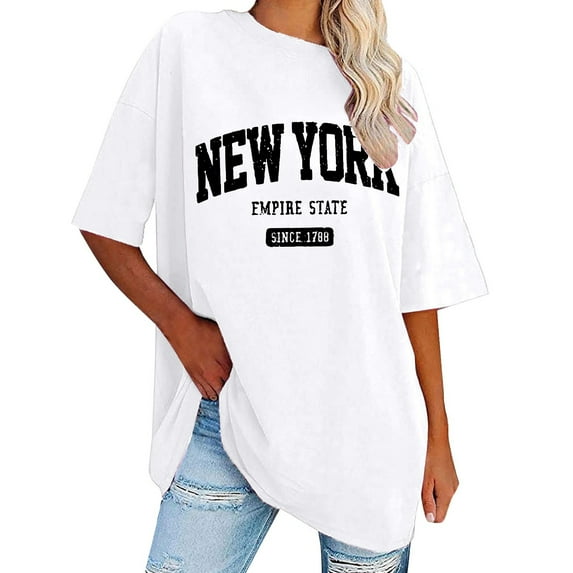 Womens Tops Sweatshirt Half Sleeved Long Shirt Vintage New York Letter Print Casual T Shirts for Women White XXXL