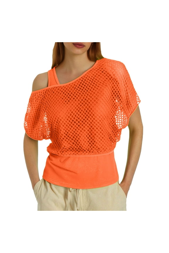 Womens Tops T-Shirts 80S Neon Fishnet Mesh Off Shoulder Tees
