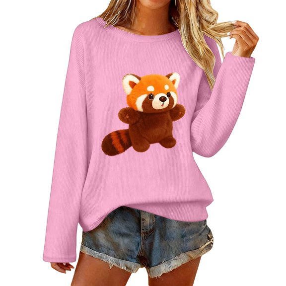 Womens Tops T Shirts Adorable Knit Crewneck Sweat with Animal Design Winter Women Tees Blouses Pink 2XL