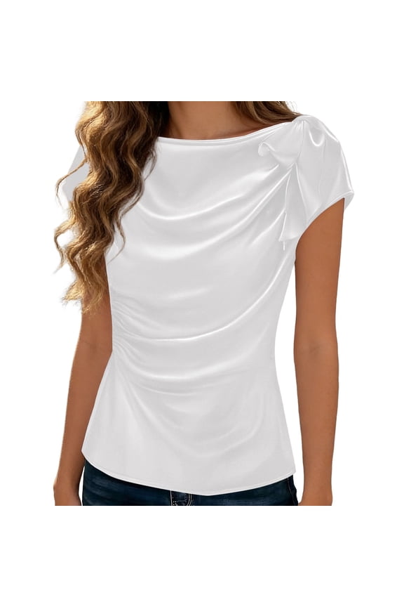 Womens Tops T-Shirts Blouse Elegant Evening Satin Ruffle Bow Draped Front Short Sleeves Going Out Shirts
