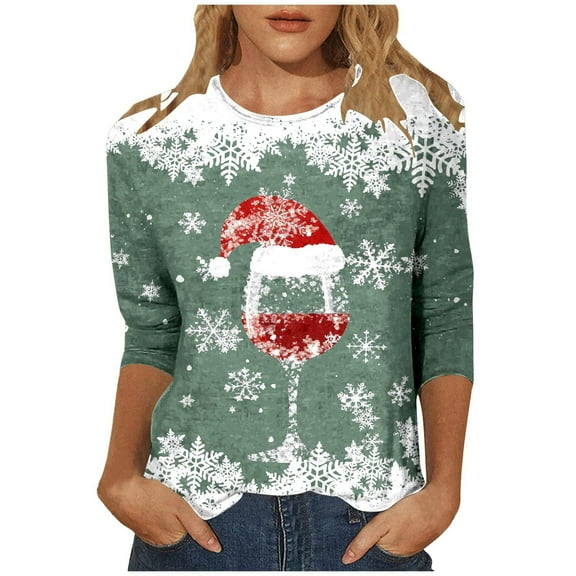 Womens Tops T-Shirts Casual Christmas Print 3/4 Sleeve V Neck Plus Size Women Blouse