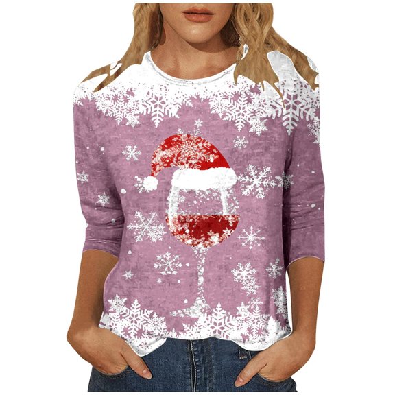 Womens Tops T-Shirts Casual Christmas Print 3/4 Sleeve V Neck Plus Size Women Blouse