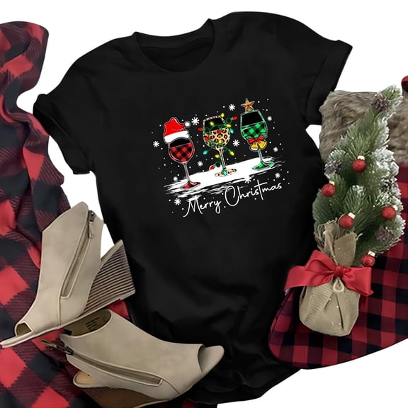 Womens Tops T-Shirts Casual Christmas Red Glass Printed Round Neck Short Sleeve Womens Blouse