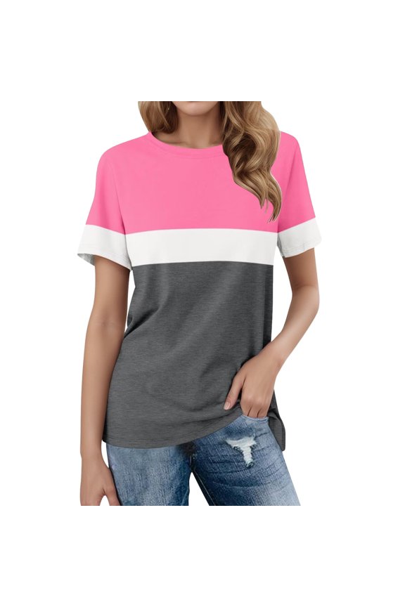 Womens Tops T-Shirts Color Block Short Sleeve Boho Shirts