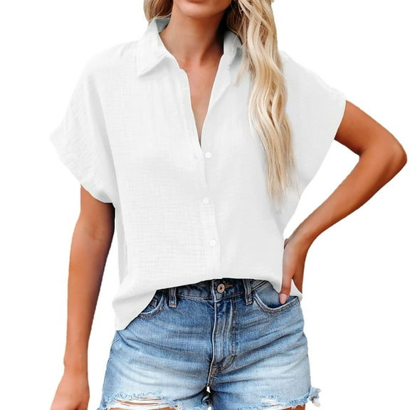 Womens Tops T Shirts Coton Linen Short Sleeve Casual Popular Fashion Pocket Button Women Tees Blouses White XL