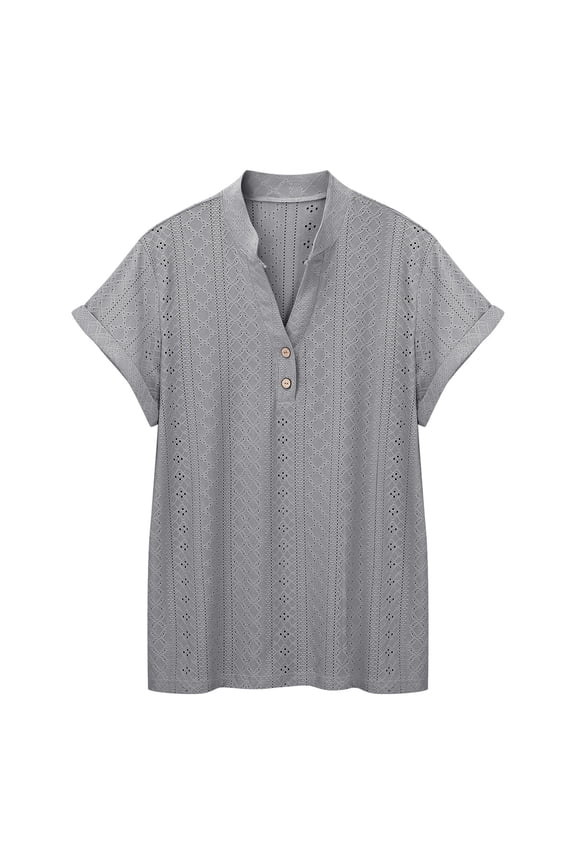 Womens Tops T-Shirts Elegant Courtly Lattice Neck Short Sleeve Loose Button Down Blouse Dressy Tees