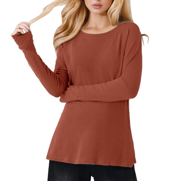 Womens Tops T Shirts Fashion Long Sleeve Solid Color Round Neck with Shoulder Sleeve Plus Size Women Tees Blouses Brown M