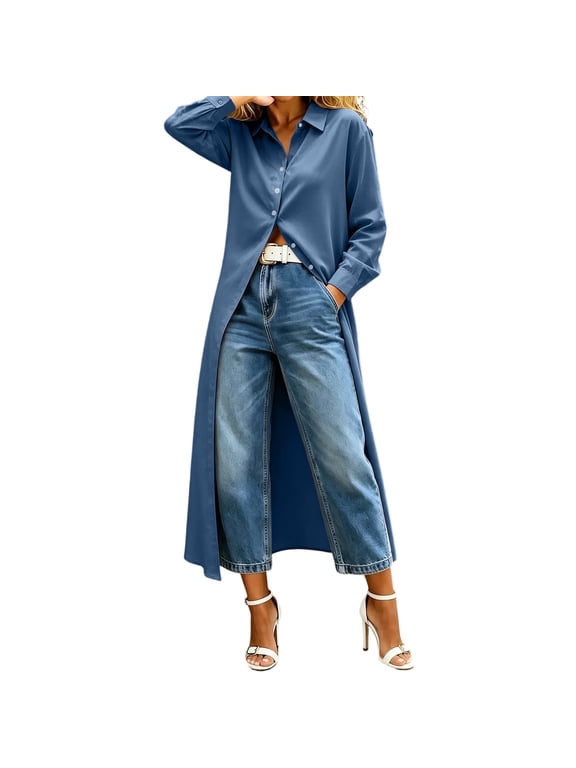 Womens Tops T-Shirts Fashion Solid Color The Long Sleeved Long Tail Tees