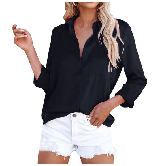 Womens Tops T Shirts Long Sleeve Lapel Cardigan Simple Solid Color Pocket Loose Casual Women Tees Blouses Navy M