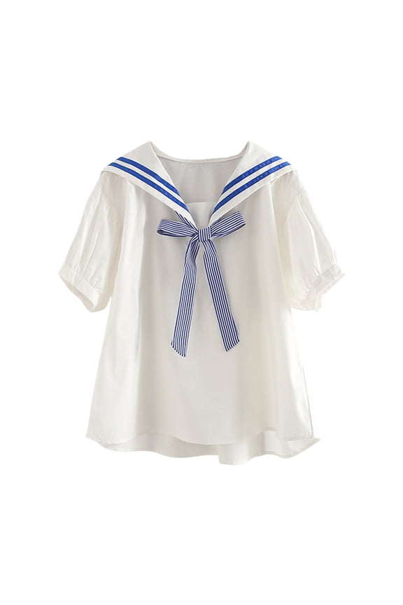 Womens Tops T Shirts Navy Collar White Casual Loose Fit Bow Tie Design Fresh Academic Women Tees Blouses Blue One Size