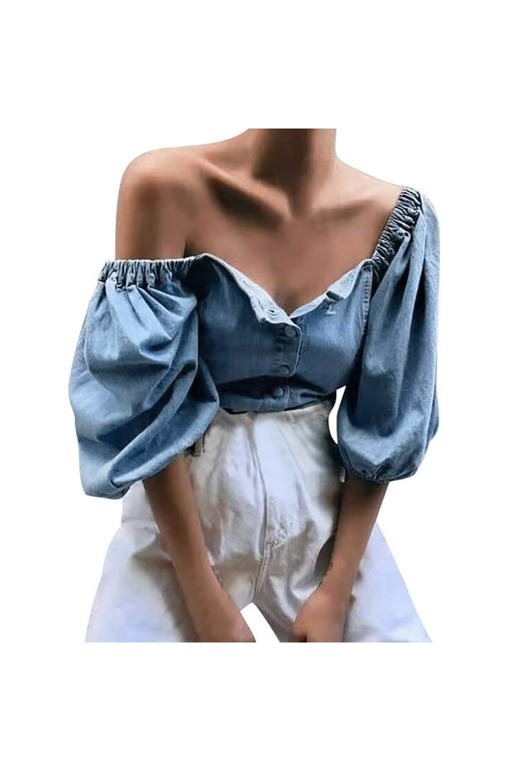 Womens Tops T Shirts Off Shoulder Bubble Sleeved Denim Casual Casual Jacket Women Tees Blouses Blue 2XL