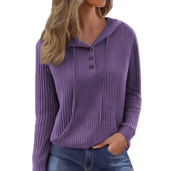 Womens Tops T Shirts Plus Size Long Sleeve Hooded Sweater Solid Color Brushed Textured Knit Loose Fit Tunic Women Tees Blouses Purple 2XL