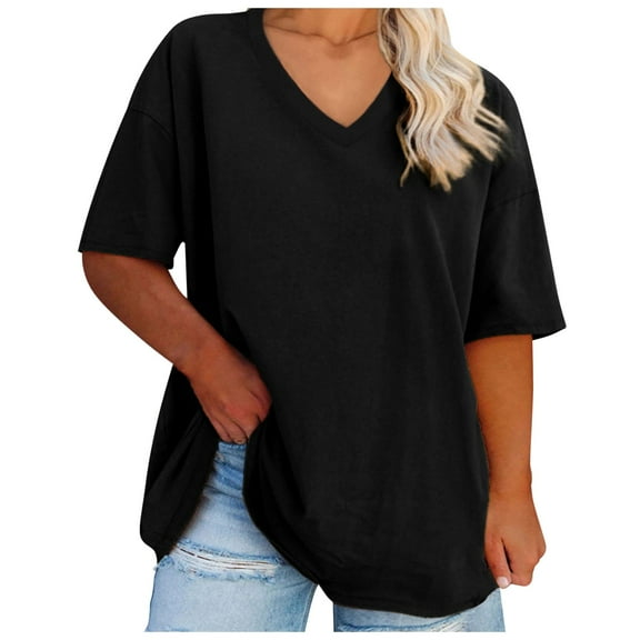 Womens Tops T Shirts Plus Size V Neck Summer Half Sleeve Casual Loose Fit Tunic Women Tees Blouses Black 3XL