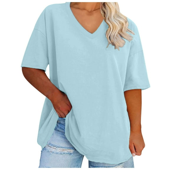 Womens Tops T Shirts Plus Size V Neck Summer Half Sleeve Casual Loose Fit Tunic Women Tees Blouses Light Blue XL