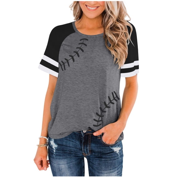 Womens Tops T-Shirts Raglan Baseball Round Neck Slim Patch Print Blouse Casual Trendy Shirts