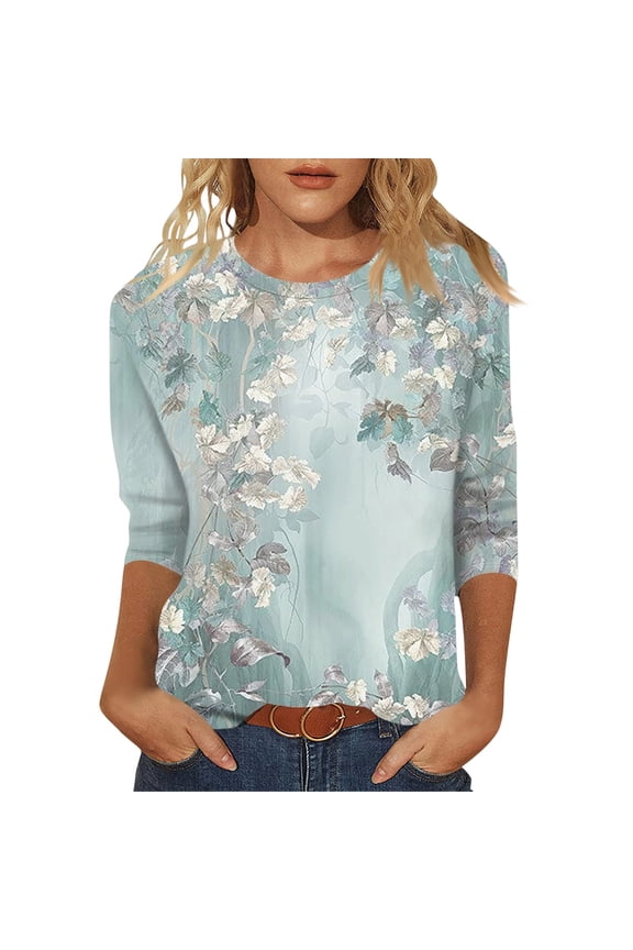 Womens Tops T-Shirts Round Neck Printed Three Quarter Sleeve Blouse Daily Tees