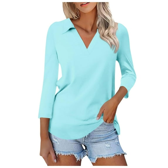 Womens Tops T Shirts Solid Color 3/4 Sleeve V Neck Dressy Casual Three Quarter Length Tunic Plain Tees Blouses Light Blue 2XL