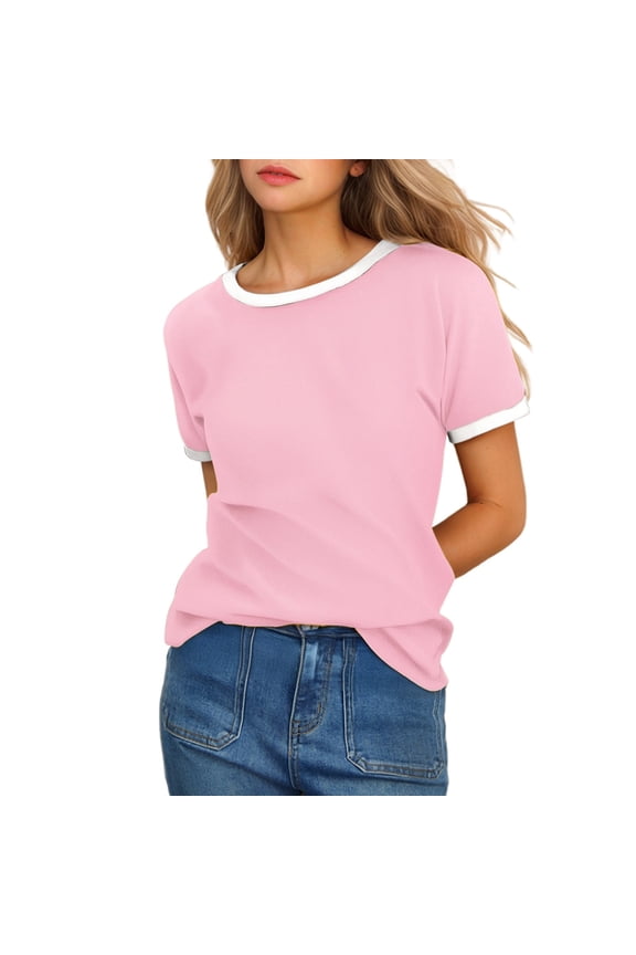 Womens Tops T Shirts Solid Color Crew Neck Short Sleeve with Contrast Trim Plain Tees Blouses Pink L