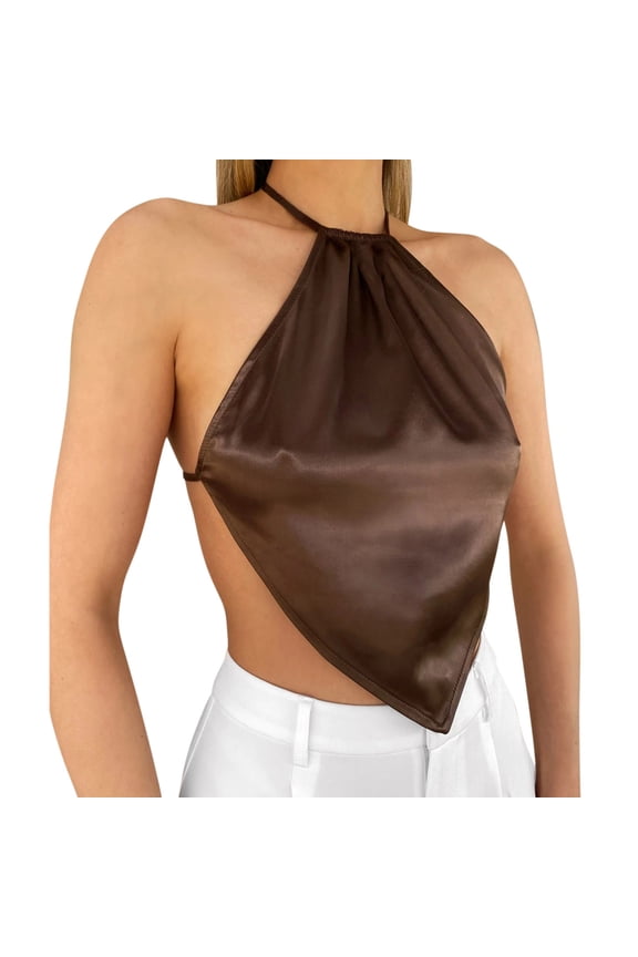 Womens Tops T Shirts Solid Color Fashion Open Back Navel Wrap Sleeveless Vest Plain Tees Blouses Coffee M