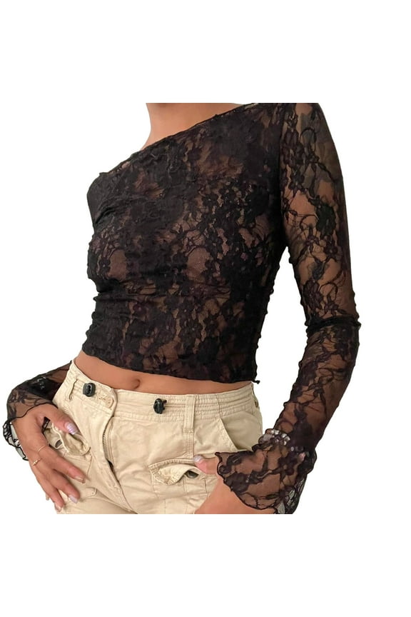 Womens Tops T Shirts Solid Color Lace Off Shoulder Sheer Long Sleeve Going Out Plain Tees Blouses Black L
