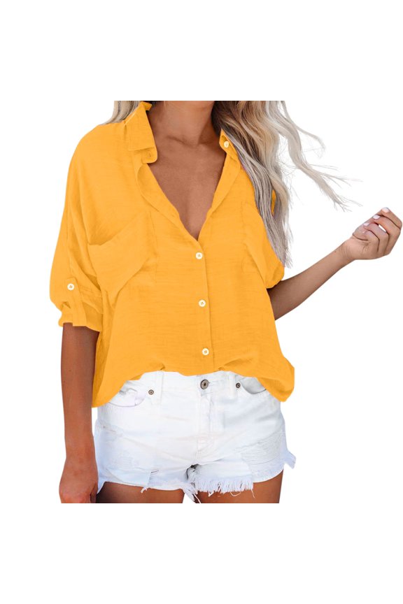 Womens Tops T Shirts Solid Color Plaid Long Sleeve with Pockets Sun Protection Plain Tees Blouses Yellow S