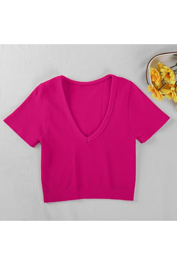 Womens Tops T Shirts Solid Color Short Length Fitted V Neck Ribbed High Elasticity Bustier Short Sleeve Plain Tees Blouses Hot Pink L