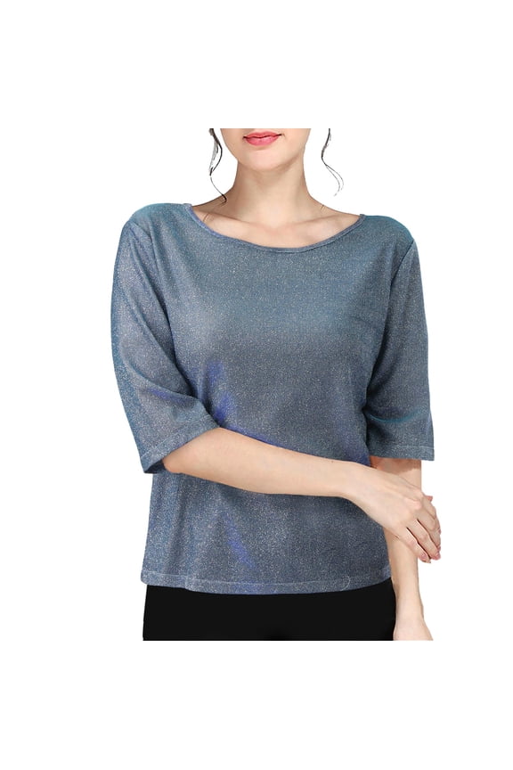 Womens Tops T Shirts Solid Color Sparkling Fashion Casual Sequins Party Crop Coctail Plain Tees Blouses Blue 3XL