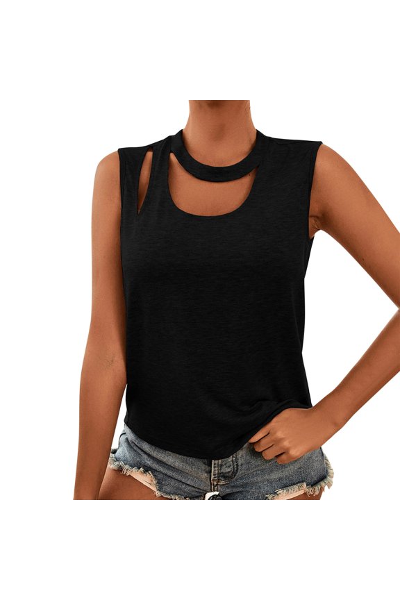 Womens Tops T Shirts Solid Color Summer Round Collar Arc Sleeveless Vest Plain Tees Blouses Black S