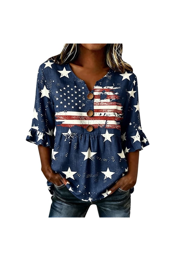 Womens Tops T-Shirts Star Print Patriotic Button Down Blouse Short Sleeve Tunic Boho Shirts