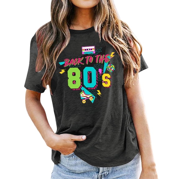 Womens Tops T Shirts The 80'S Vintage 80S Music Graphic T 80'S Party Short Sleeve Fall Clothes for Women Tees Blouses Grey Size L