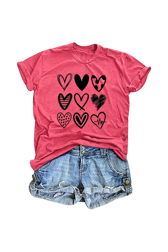 Womens Tops T Shirts Valentine’S Day Heart Print Short Sleeve Women Tees Blouses Pink L