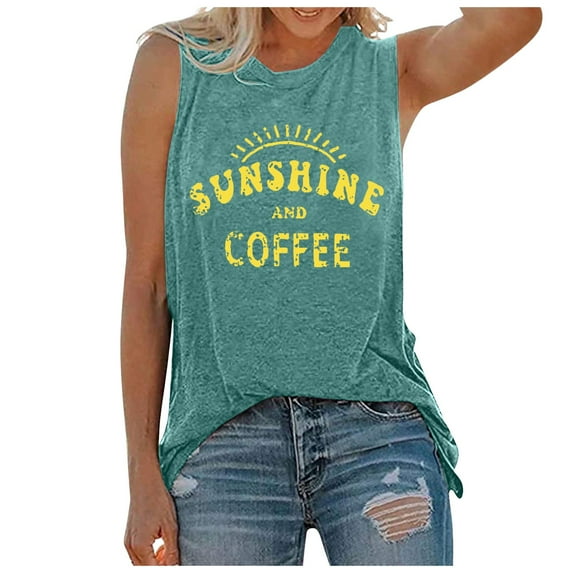Womens Tops Tank Top Sunshine and Coffee Print Crew Neck Sleeveless Casual Shirts for Women Green M