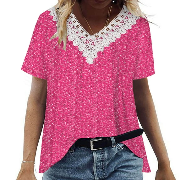 Womens Tops Tbopshirt Summer Tops for Women,Plus Size T Shirts,Women Fashion Casual Printing Shirts Tops V Neck Lace Stitching Blouse,Short Sleeve Blouses
