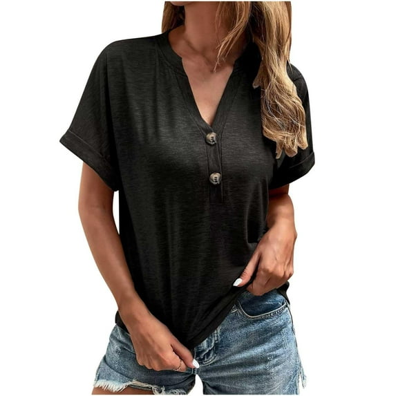 Womens Tops Tbopshirt Summer Tops for Women,Plus Size T Shirts,Women's Fashion V Neck Leisure Buttons Solid Tops,Short Sleeve Blouses