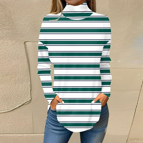 Womens Tops Tee Shirts For Women Fall Casual Long Sleeve Shirts Sweatshirt Stripe Printed High Neck Top Pullover