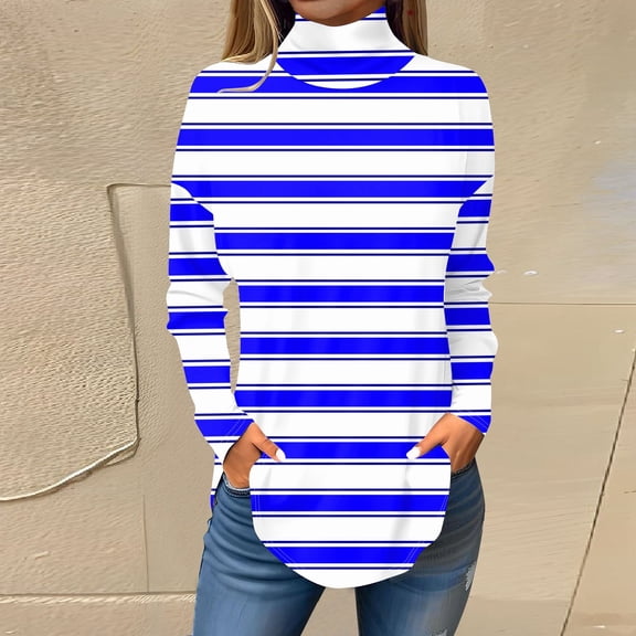 Womens Tops Tee Shirts For Women Fall Casual Long Sleeve Shirts Sweatshirt Stripe Printed High Neck Top Pullover
