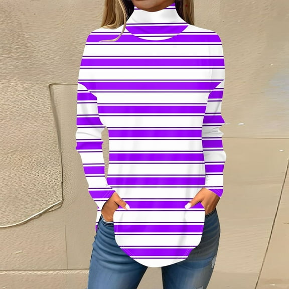 Womens Tops Tee Shirts For Women Fall Casual Long Sleeve Shirts Sweatshirt Stripe Printed High Neck Top Pullover