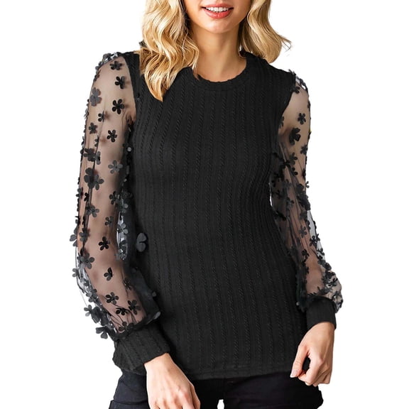 Womens Tops Textured Flower Mesh Long Sleeve Spring Fall Casual Trendy Tops