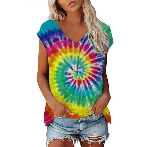 Womens Tops Tie Dye Pattern Casual Printing Short Sleeves V Neck Loose Tshirt Shirts for Women Green XXL