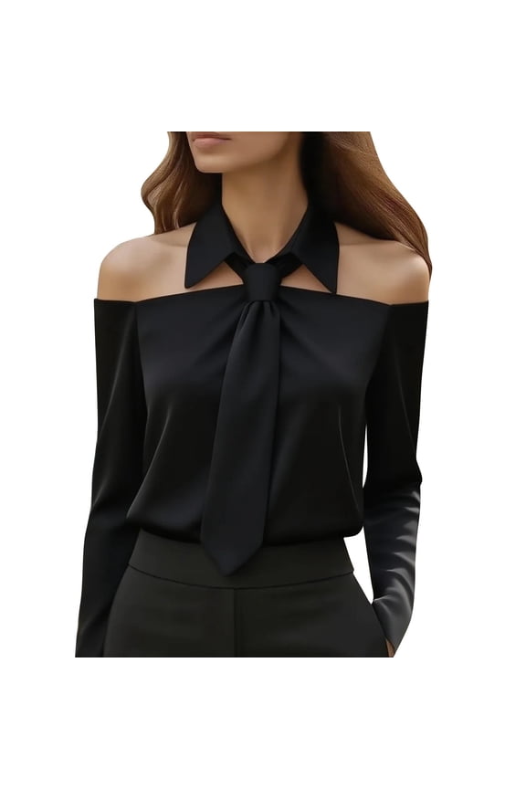 Womens Tops Tie Neck Off Shoulder Blouse Elegant Long Sleeve Lapel Collar Work Shirts Casual Business Tops on Sale