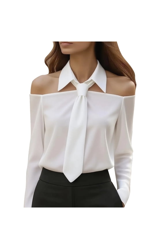 Womens Tops Tie Neck Off Shoulder Blouse Elegant Long Sleeve Lapel Collar Work Shirts Casual Business Tops