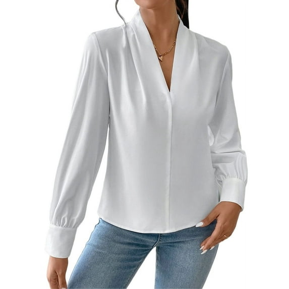 Womens Tops Trendy 2025 Long Sleeve Shirts Blouses Dressy Casual Spring Summer Business Outfits White XL