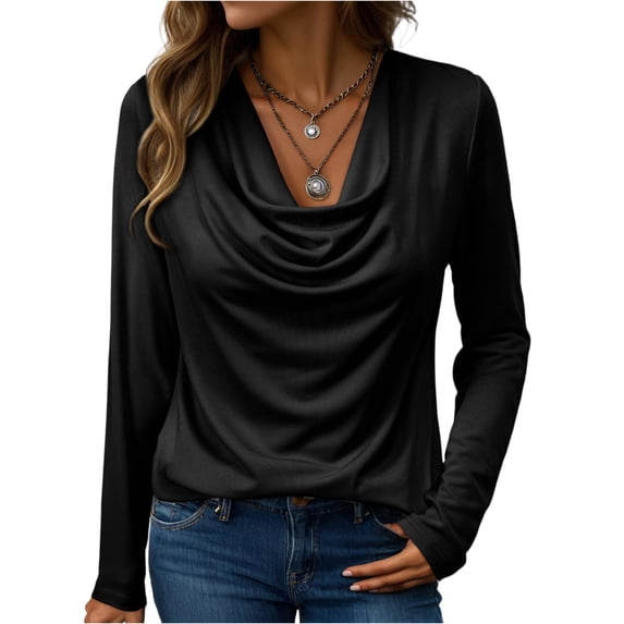 Womens Tops Trendy 2026 Cowl Neck Shirts Long Sleeve Teacher Clothes Office Business Dressy Casual Spring Outfits Black M