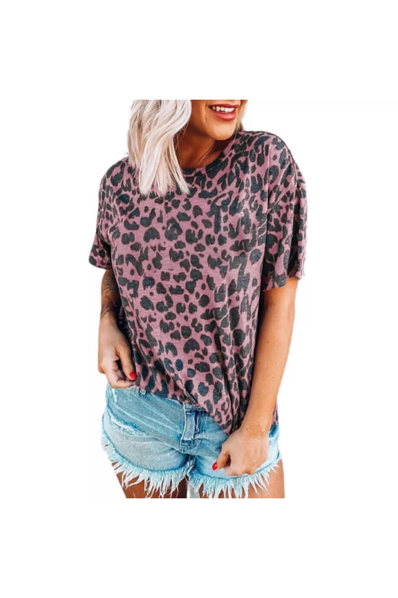 Womens Tops Trendy 3D Digital Print Crewneck Fashion Leopard Print Short Sleeve Womens Tank Tops,Pink,S