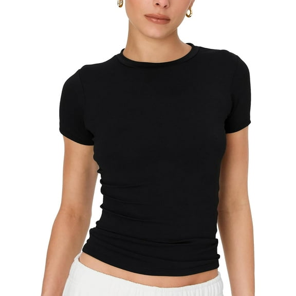 Womens Tops Trendy Basic Crew Neck Short Sleeve T Shirt Slim Fit Cute Crop Top Shirts Casual Women Summer Clothes