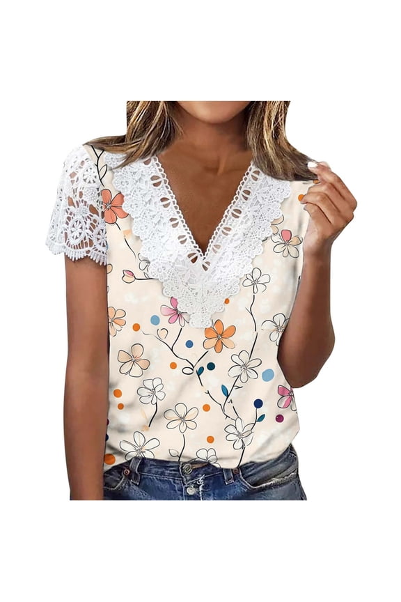 Womens Tops Trendy Boho Short Sleeve Lace Trim V Neck Shirts Floral Print Summer Casual Blouse Beach Vacation Clothes Women Short Sleeve Tunic Blouse